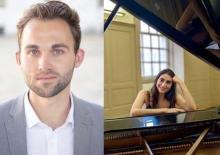 headshots of white man on left and white woman at a piano on right