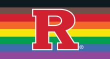 rainbow flag with Rutgers "R" imposed over it