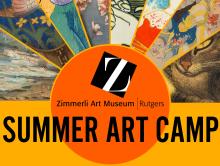 zimmerli logo and the words summer art camp over an orange sun with rays of cropped artworks