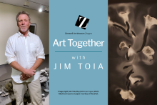 Graphic with title of event in center. Photo of Jim Toia standing in gallery left. Photo of mushrooms spores artwork right.