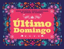 Purple, blue, red, and orange flowers surround pink square with text reading Ultimo Domingo.