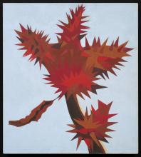 A red cactus or plant rises above a gray background.