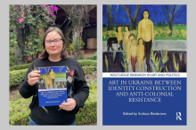 Gray background with two images next to each other. Left image is of the author, a woman with brown hair, glasses, and a black cardigan standing in front of greenery while holding a book. The right image is a book cover featuring artwork of children standing in a line all dressed in yellow.