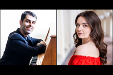 Two portraits next to one another. The left portrait features a smiling man in a suit jacket leaning on a piano while seated. The right portrait features a smiling woman with long brown hair posed with her head looking back over her shoulder at the camera, she is wearing a bright red top.