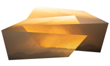 A geometric shaped canvas in front of a white background displays warm earth tones that form a gradient horizon moving upwards into bright yellow whites.