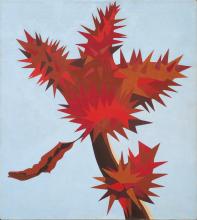 Light blue background with a red cactus flower in the foreground. The cactus is thorny and rises on a dark brownish red stem.