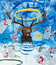 A crying elk with a gold halo is surrounded by litter and environmental destruction in front of a blue background.
