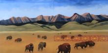 Landscape painting with brown and green earth and gray-blue mountains in the background. On the land is a herd of buffalo grazing.