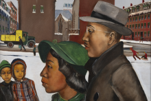 Snow covers a park with brick buildings of a downtown city in the background. Two children in winter clothes watch a middle aged couple walk by.