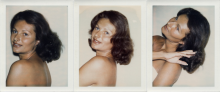 Three polaroids sit side by side depicting the same subject, a woman showing her shoulder with long dark hair. She poses ever so differently in each of the three images.