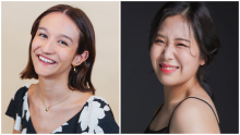 Split screen with two photos. Photo left shows Isabel Merat smiling with her head tilted. She has shoulder length brown hair and wears a floral blouse. Photo right is Anna Sunmin Park turned sideways to the camera smiling. She has black hair in a loose ponytail and wears a black dress.