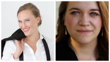 Two images. Left image is a photo of Claire McCahan. She smiles and has her hair back in a bun. She is holding a suit jacket over her shoulder and wears a white collar shirt with black suspenders. Image right is a photo of Barbie Noyes. It's a closeup portrait, she has on a black shirt and dangling earrings with her hair down.