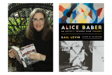 Two images. Image left is a portrait of Gail Levin in a black turtleneck with gray straight hair and glasses. She is holding a book. Image right is the front cover of Gail's new book, "Alice Baber".