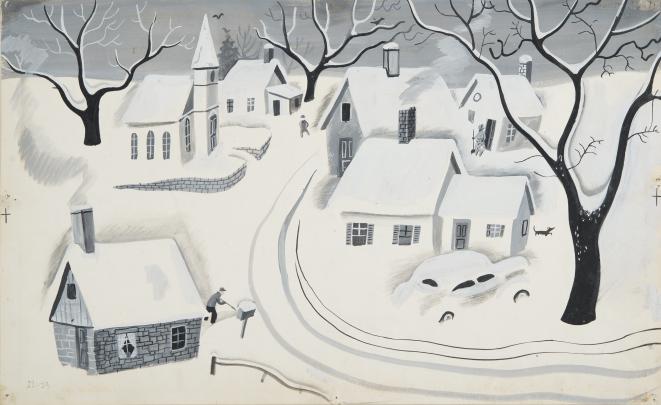 Painting in black and white of snow covered town; one figure shovels; another walks down a road passing through the town