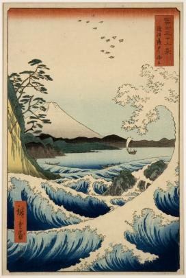 Color print of large waves framing a view of Mt. Fuji; a sailboat is visible in the distance