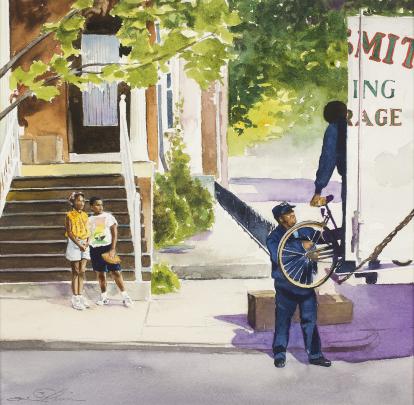 Watercolor illustration of two Black children watching two men load a bike onto a moving truck on a tree-lined street