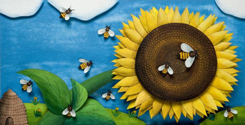Paper collage of large sunflower leaning over against a bright blue sky, surrounded by flying bees and a beehive at left