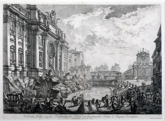Etching of Trevi Fountain in Rome, with dramatic sculpture of figures in horse-led chariots in front of a Baroque palace
