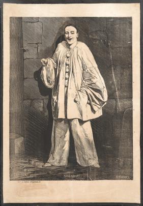Etching of a smiling mime wearing a white baggy blouse with large buttons and baggy pants, standing before a stone wall