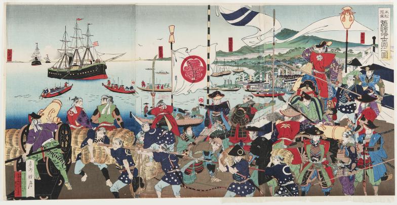 Color print of crowd of Japanese samurai and commoners readying cannons as 3 American tall ships sail into the port below