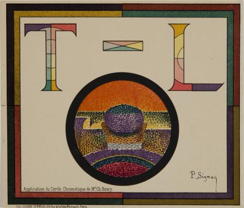 Colorful print with large text "T - L" on top and a circular image below of the back of a man's head rendered with dots