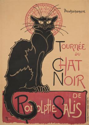 Poster of black cat with a halo sitting on a red wall; text in French advertises a tour of the Chat Noir (black cat) cabaret