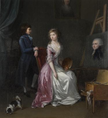 Painting of a seated woman in a pink and white silk gown working on a portrait while a boy stands behind her chair