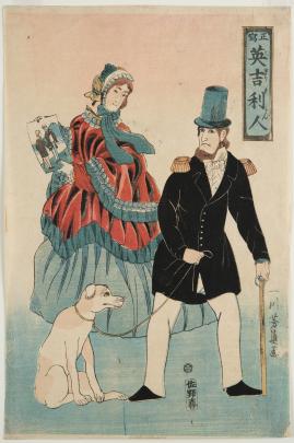 Color print of an English man and woman in fancy clothes with a white dog on a leash; woman holds a print