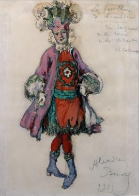 Drawing of figure wearing red and green tunic, lavender frilly jacket, and lavish headdress. Handwritten notes on right.