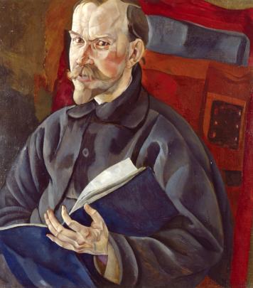 Painted portrait of a goateed man wearing a gray shirt, holding a blue open book, against a red patchwork background