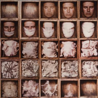 5x5 grid of squares where a man's face gradually appears, is covered in bandages and twine, and then disappears