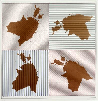 2 x 2 grid with brown shape of Estonia in each square rotated 90 degrees, with lined pattern throughout