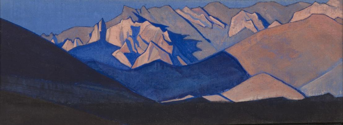 Wide painting of Himalayan mountain range in blue and brown