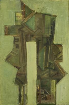 Abstract painting of green and brown geometric forms in a tower shape