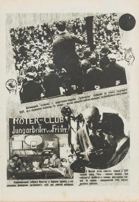 Spread from Russian magazine with photomontage of rally, a club meeting, and two men conversing