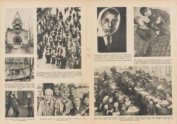 Spread from Russian magazine with various black and white photos of Russian life