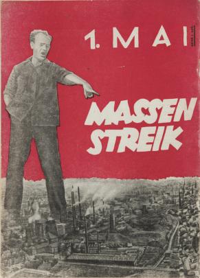 Back cover of Russian publication with male figure towering over a factory complex and pointing
