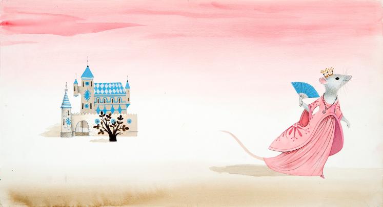 Illustration of distant castle in grey and blue against a pink background; a rat in a crown and pink gown stands at right.