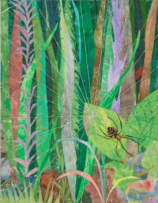Collage of spider and web made of various painted strips of paper in green, brown, and gray.
