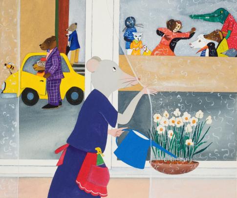 Illustration of a mouse in a blue dress watering flowers, peeking through a window