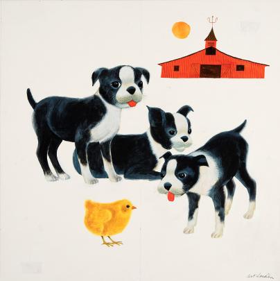 Three black and white Boston terrier puppies in front of a red barn with a baby chick.