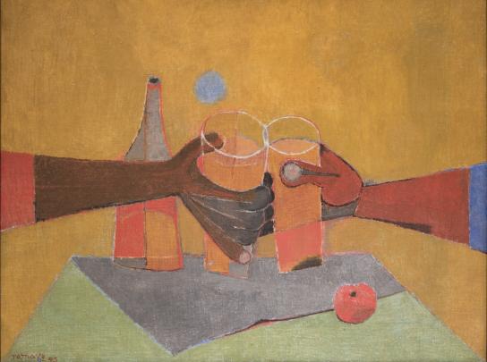 Cubistic painting of two brown-skinned arms meeting to clink glasses in center; table with bottle and fruit in background