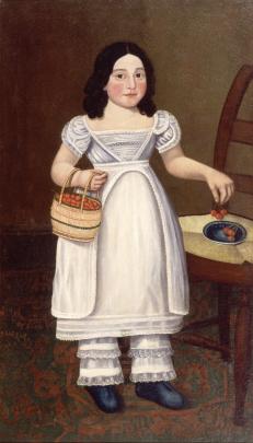Painting of girl with dark hair in a white dress holding a basket of cherries and placing a bunch on a plate on a chair.