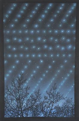 Print of night sky full of stars arranged in linear pattern; treetops are silhouetted at bottom 