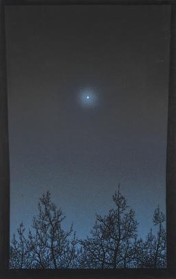 Print of night sky with one bright star in the middle; treetops are silhouetted at bottom 