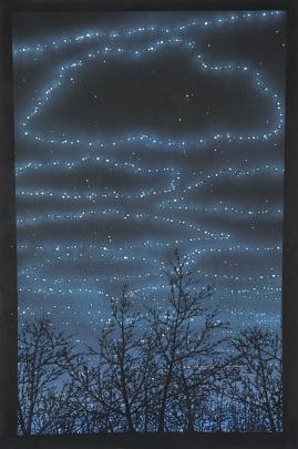 Print of night sky with stars arranged in outlines of clouds; treetops are silhouetted at bottom 