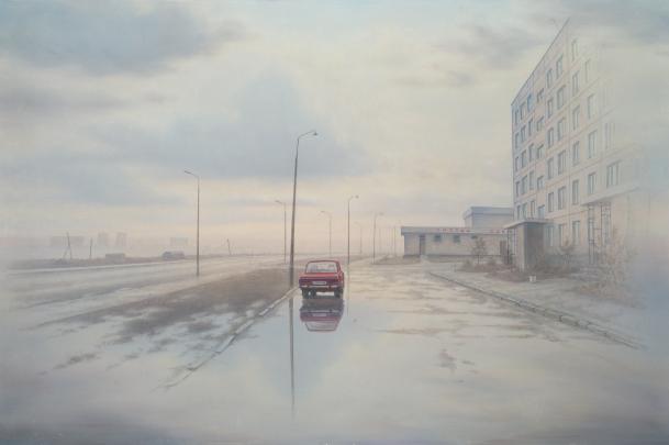 Painting of cityscape with apartment building on right, light poles, and one red car, seemingly after a heavy rain