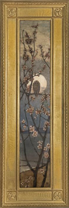 Very tall painting of an owl sitting in blossoming cherry tree branches surrounded by a full moon.