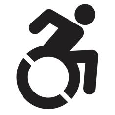Accessible icon of figure in a wheel chair leaning forward arms extended to turn the wheels