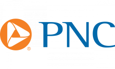 Orange circle with triangle appearing to be made of three folded sides. To the right is blue text reading PNC.